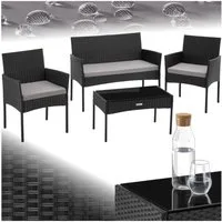 tectake Sitzgruppe Rattan Gartenset für 4 Personen, Sofa 250 kg, je Sessel 120 kg, (Loungeset Palese, 4-tlg., für Außen in Schwarz), abnehmbare Polyesterbezüge, wetterfest, mit Sicherheitsglasplatte