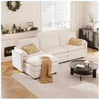 FLEXISPOT Ecksofa 4-Sitzer Sofa Sofabed mit Hocker & Stauraum, inkl. weiße Kuscheldecke, L-förmiges Ecksofa mit Dicke Sofadecke (1,5 x 1,5 m), Modulares Sofa platzsparend für Wohnzimmer Weiß