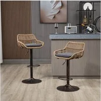 Celya Barhocker (2st),Barstühle 360°Drehbar Küchenstühle Sitzhöhe 65cm-85cm, Rattan Stuhl mit Fußstütze für Küche, Esszimmer,Grau