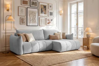 Ecksofa Schlafsofa ONTARIO in Stoff Poso Hellgrau Ottomane Rechts
