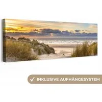OneMillionCanvasses® Leinwandbild Panorama Strand - Düne - Gras - Sonnenuntergang - Meer, Fotodruck (1 St), Wandbild, Deko Schlafzimmer Wohnzimmer Flur 60x20 cm