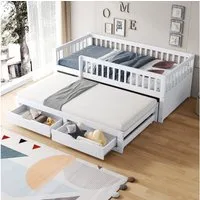 Merax Daybett mit Ausziehbett 90x190cm (Jugendbett Doppelbett Kinderbett Sofabett, Kiefernholz, 1 tlg), Schlafsofa Tagesbett 90x200cm mit 2 Schubladen und Sicherheitsgitter