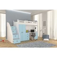 thematys Etagenbett 80x200cm mit Treppe, Schrank und Schreibtisch Hochglanz (für Jungen und Mädchen, Jugendbett, Kleiderschrank, Kinderzimmer, 3 in 1, 180cm x 130cm x 259cm)
