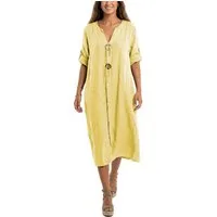 dy_mode Hemdblusenkleid Damen Leinenkleid Midi Hemdblusenkleid mit V-Ausschnitt Freizeitkleid in Unifarbe, V-Ausschnitt, mit seitlichen Eingriffstaschen