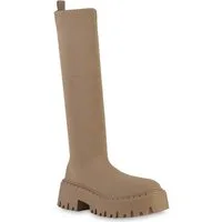 VAN HILL 839550 Plateaustiefel Damen Plateaustiefel Stiefel Blockabsatz Strick Profil-Sohle Schuh