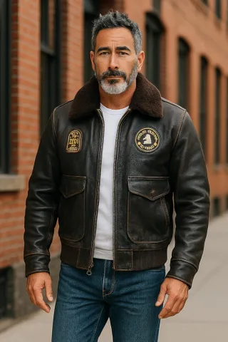 Schwarze Bomberjacke aus Leder für Herren mit Schaffellkragen G-1 – Ararat