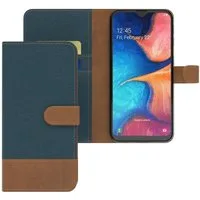EAZY CASE Handyhülle Bookstyle Jeans für Samsung Galaxy A20e 5,8 Zoll, Klappcase mit Standfunktion und Kartenfach Stoff Schutzhülle Blau