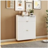 PXloue Schuhschrank mit 2 Klappen Schuhregal Schukipper( mit Kippsicherung)  (mit 2 Schubladen) Schuhkommode im Flur Diele,Trennwand verstellbar, 110x24x80 cm