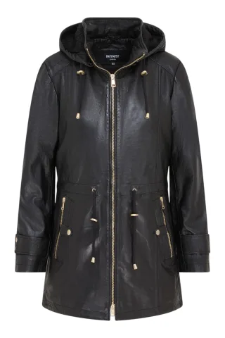 Schwarzer Lederparka für Damen mit abnehmbarer Borg-Kapuze und Trenchcoat – Trekker
