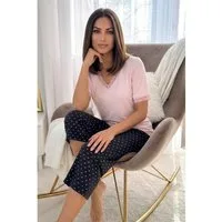 Donna Capri-Pyjama Damen 3/4 Schlafanzug (2 tlg) Oberteil mit Spitzenakzente
