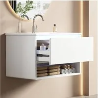 Flieks Waschtisch mit LED-Radarsensor Waschbeckenunterschrank inkl. Waschbecken (B76,5/T46/H45 cm, Volllackierung, 1-St., wandhängend, Badschrank mit Led-Beleuchtung Waschplatz Badzimmer), Badmöbel-Set mit Schubladen und Fächer Badezimmerschrank Weiß
