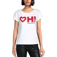 LOVE MOSCHINO T-Shirt Damen T-Shirt „Heart OH!“ mit Strassdetails Boxy Fit mit Herzmotiv, verziert mit roten Strasssteinen