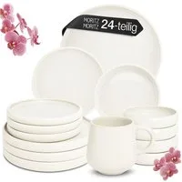 Moritz & Moritz Tafelservice SOLID UNI Geschirrset Creme mit Tassen (24-tlg), 6 Personen, Steinzeug, Kombigeschirr für 6 Personen
