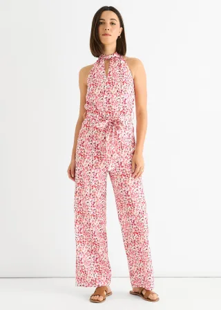 Rosa Jumpsuit mit Blumenmuster und Neckholder-Ausschnitt