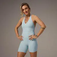 MP X Tatiana Shorts-All-In-One mit kontrastierendem Neckholder-Ausschnitt – Helles Aqua - M