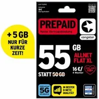 Congstar Prepaid ALLNET XL SIM-Karte ohne Vertrag 5G mit 25 Mbit/s Prepaidkarte, (Telefonie & SMS Flat, EU-Roaming inkl)
