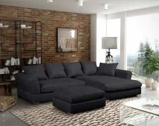 Ecksofa Sofa TIZIAN inkl. Hocker in Stoff Preston Schwarz Ottomane Rechts
