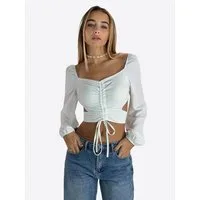 Elara Blusentop Damen Crop Bluse mit Raffungen – Figurbetontes Langarm Oberteil