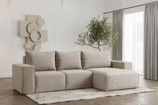 Ecksofa Designersofa ESTELLE in Stoff Poso Beige Ottomane Rechts