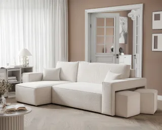 Ecksofa Schlafsofa Sofa ADARA inkl. Hocker in Stoff Centaur Creme Ottomane Links