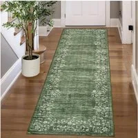 GarveeMore Veloursteppich Waschbarer Vintage Teppich Designteppich Läufer mit floraler Bordüre, Moderner Kurzflor, rutschfest, pflegeleicht & schmutzabweisend