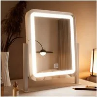 WDWRITTI Schminkspiegel mit Beleuchtung für tisch Kosmetikspiegel 3Lichtfarben Dimmbar Touch (Tischspiegel Rechteckig, mit LED, Touch), HD Kupfer- und bleifreier Spiegel, Stabile Standfuß