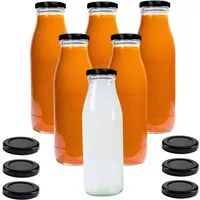 mikken Trinkflasche 6er Set Milchflaschen 500 ml mit Schraubdeckel plus 6 Erssatzdeckel, Fassungsvermögen: 0,5 Liter