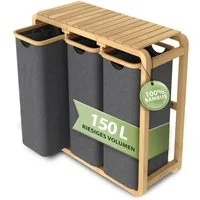 AMBIAVO Wäschekorb 3 Fächer mit waschbaren Baumwollsäcken, 150 L Volumen, stabiler 3x3 cm Bambusrahmen, innovatives Design