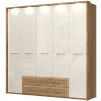 OTTO home Kleiderschrank Gala, beige hochglänzend UV lackiert, kratzfest, FSC-zertifiziert (abgerundete Schubladen aus MDF im Holzdekor, soft-close) mit Beleuchtung und Passpartourahmen, hoher Schrank (224cm), 4 Breiten