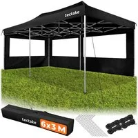 tectake Pavillon Aluminium Faltpavillon, 6 x 3 m, wasserdicht, mit Tragetasche, mit 3 Seitenteilen, (Partyzelt Viola, in schwarz), 3 Seitenteile mit Fenster, höhenverstellbar, mit UV-Schutz