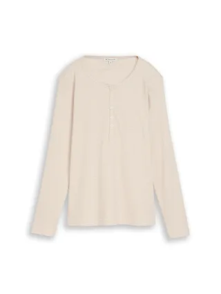 Tom Tailor - Henley Langarmshirt mit Rippstruktur white gravel beige stripe - Gr. - XXL