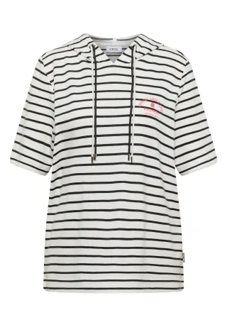CECIL - Kurzarm Kapuzenshirt mit Streifen vanilla white - Gr. - XL