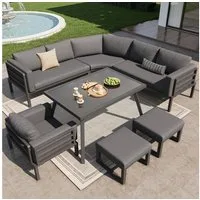 KLAM HOME Gartenlounge-Set Halbmond-Gartenlounge-Set 8 Personen, Eisengestell, graue Polster, (Wetterfeste Terrassenmöbel mit Glastisch, Sessel & 2 Hockern), Modulares Balkon-Sofa-Set, abnehmbare Bezüge