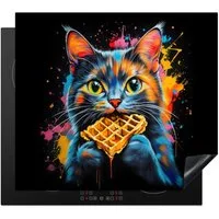MuchoWow Herd-Abdeckplatte Katze - Graffiti - Bunt - Waffel - Essen, Vinyl, (1 tlg), Cerankochfeld Abdeckung, Herd Abdeckplatten Vinyl, 58x51 cm