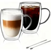 LIBWYS Thermotasse Kaffeetassen aus Glas für Tee & Cappuccino doppelwandig 2er Set 350 ml, 4-tlg., Glas, Doppelwandige Thermotassen 350 ml aus Glas mit Griff