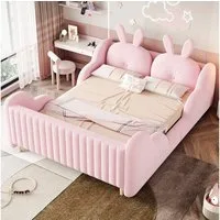 Merax Polsterbett (1-tlg., gepolstertes Plattformbett Bodenbett aus Teddysamt), Kinderbett 140x200 mit Lattenrost, Kaninchenkissen und Rausfallschutz