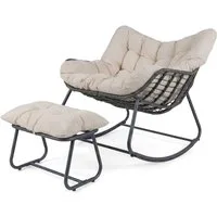 KOMFOTTEU Schaukelstuhl (2 St), Relaxsessel mit Hocker aus Rattan bis 150 kg belastbar