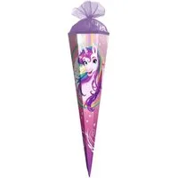 Roth Schultüte Einhornportrait, 50 cm, eckig, lilafarbiger Tüllverschluss, Zuckertüte für Schulanfang