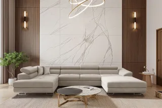 Wohnlandschaft Schlafsofa Sofa CARMELO in Stoff Nova Hellgrau Ottomane Rechts