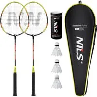 Nils Badmintonschläger Badmintonset 2 Schläger gelb + 3 x Federbälle, Federbälle mit Naturfedern und EVA-Basis + Schlägerhülle