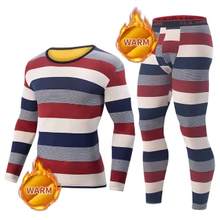 TENGOO 2 Pcs Men's Striped Thermal Underwear, Compression Thermal Base Layer Set, Comfy Moisture Wicking & Breathable Ba