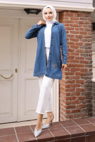 Stein Detailed Denim Hemd Hellblau-Denim