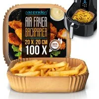Arendo Backpapier für Heißluftfritteuse 4,5 - 7,5 L, 100 St., 20 x 20 x 4,5 cm, Antihaft, ungebleicht, wasser- und ölbeständig, für Airfryer, Ofen, Mikrowelle
