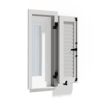 Fensterläden Alu, Klappläden mit Zargenrahmen Lamellenform Hamburg, Verkehrsweiß RAL 9016, 300 x 800 mm, 1-flügelig links öffnend, nach Maß konfigurieren