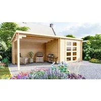 Finn Art Blockhaus Gartenhaus Flachdach 6x3m Holz Funny 4 in 28mm Wandstärke, BxT: 298x240 cm, ohne Fußboden mit Anbau, ohne Dacheindeckung