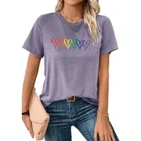 PYLIKE Kurzarmshirt Damen Casual bequemes t shirt mit Regenbogenherzen Print-Shirt Bequem für Freizeit und Büro,Strandurlaub