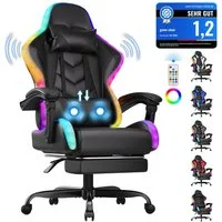 HOMALL Gaming-Stuhl mit LED,Ergonomisch,Fußstütze,computerstuhl,gaming stuhl mit massage (Die LED-Beleuchtung ist einstellbar, das Massagekissen für den Rücken ist beweglich), Ergonomischer Bürostuhl,Kopfstütze und Lendenstütze