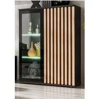 Furn.Design Vitrine Morgan (Hohe Kommode in Schwarz mit Eiche Lamellen, 80 x 118 cm) Push-to-Open-Funktion, inklusive Beleuchtung