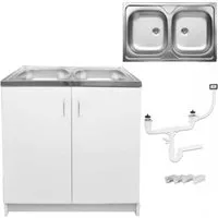 STAMAR Spülenschrank Küchenschrank 80cm Weiß Spüle 2 Becken Edelstahl Siphon XXL Set Standschrank 46cm Tiefe Geschirrspüler Ohne Armatur Montagefertig