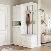 Flieks Garderoben-Set Garderobenständer mit 4 Haken, 6 Türen und 2 Schublade, (B110xT37xH180 cm, 1-St., mit verstellbaren Einlegeböden), Schuhschrank Flurmöbel mit Schuhbank und Kleiderstange Weiß